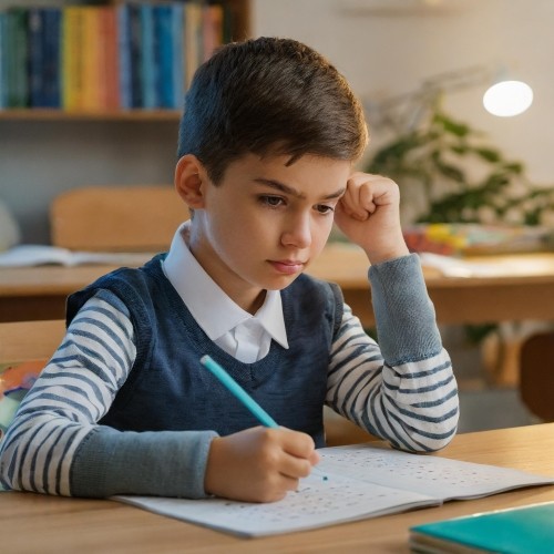 Bambino seduto da solo a un tavolo scolastico con tensione e frustrazione