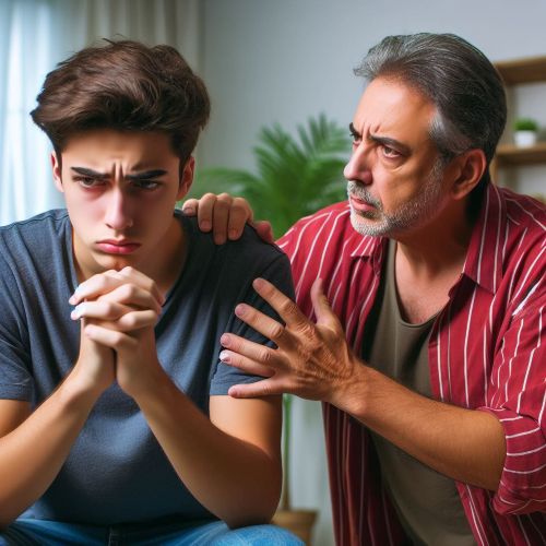 Un adolescente e suo padre discutono animatamente. Il ragazzo è seduto sul divano con le braccia conserte, mentre il padre è in piedi di fronte a lui con un'espressione di frustrazione sul viso.