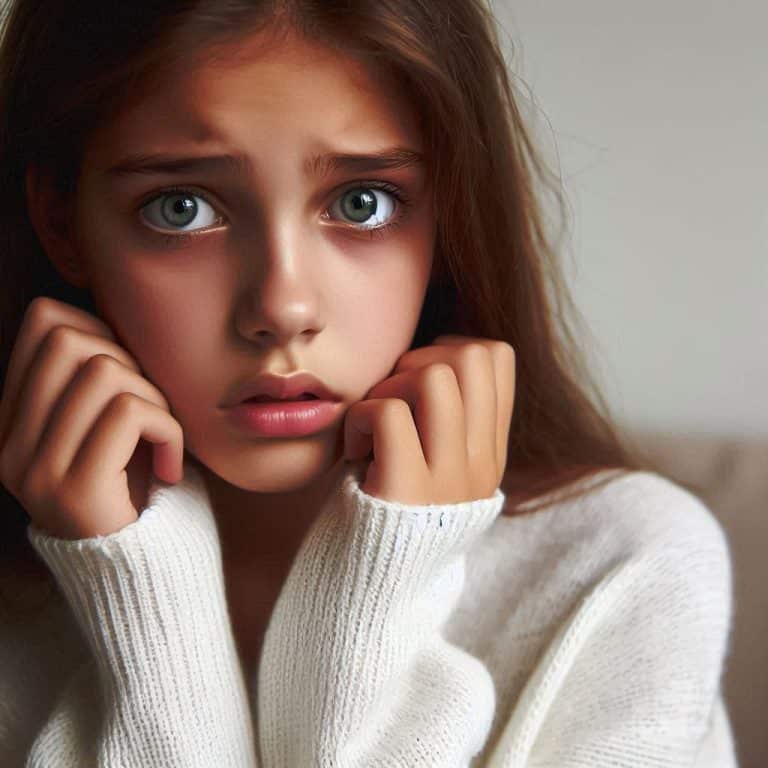 Fotografia di una bambina con un'espressione preoccupata e ansiosa. I suoi occhi sono spalancati e le sopracciglia aggrottate. Le sue labbra sono leggermente aperte, come se stesse trattenendo il respiro. La sua postura è rigida e tesa.