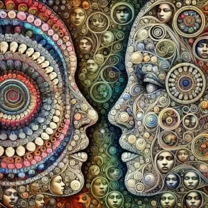 Opera d'arte digitale psichedelica che mostra un pattern circolare complesso. Due profili di visi si fronteggiano, composti da spirali e cerchi concentrici in cui sono incastonati numerosi volti più piccoli. I colori variano dal rosa al blu, dal verde al dorato, creando un effetto caleidoscopico. Ogni volto ha un'espressione contemplativa o neutra, e l'intero disegno è caratterizzato da motivi circolari ripetitivi che si estendono verso l'esterno. La texture è ricca di dettagli e ornamenti che ricordano un mosaico intricato.