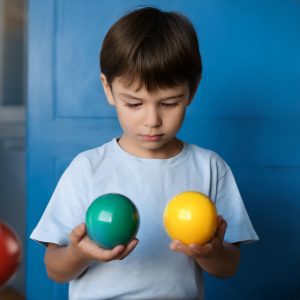 Un bambino di circa 8-9 anni tiene in mano due palline di dimensioni e colori diversi. Il suo volto mostra una concentrazione intensa mentre cerca di mantenere un equilibrio perfetto tra gli oggetti. La sua postura riflette una tensione sottile, tipica dei bambini con disturbo ossessivo compulsivo legato alla simmetria.