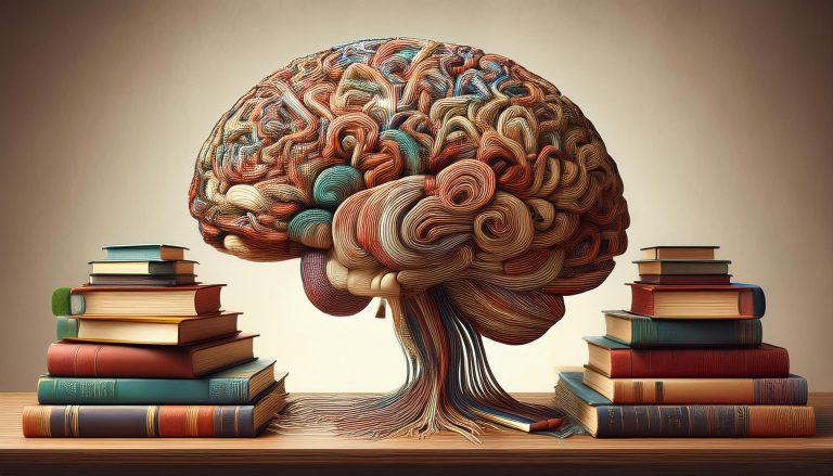 Immagine concettuale di un cervello umano stilizzato, color grigio-blu, con numerosi fili, cavi e connessioni che si diramano verso libri aperti disposti intorno. I libri rappresentano fonti di conoscenza, mentre i percorsi neuronali mostrano come l'informazione venga elaborata e integrata.