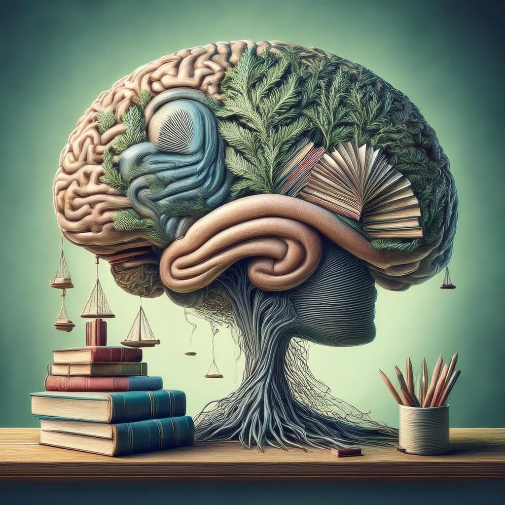 Un'immagine che raffigura un profilo cerebrale umano in primo piano, con una serie di libri aperti e colorati collegati al cervello mediante linee sottili e dinamiche. Sullo sfondo, un grande orologio analogico simboleggia il concetto di ripetizione spaziata e gestione temporale dell'apprendimento. I libri sono disposti in modo ordinato e fluido, suggerendo connessioni logiche e metodiche tra conoscenza e memoria