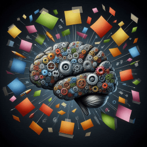 Illustrazione stilizzata di un cervello umano visto di profilo. Il disegno mostra diverse sezioni cerebrali evidenziate con pattern che suggeriscono il processo di apprendimento attraverso la ripetizione spaziata. Le informazioni sembrano muoversi tra diverse aree del cervello, rappresentate da linee interconnesse che simboleggiano il consolidamento della memoria nel tempo.