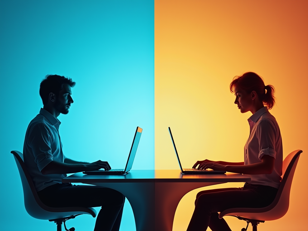 Immagine di due persone durante una seduta psicologica online. A sinistra, una psicologa professionale e a destra un uomo, entrambi seduti davanti ai loro computer portatili, inquadrati di profilo nei loro rispettivi ambienti domestici. L'immagine trasmette vicinanza emotiva nonostante la distanza fisica.