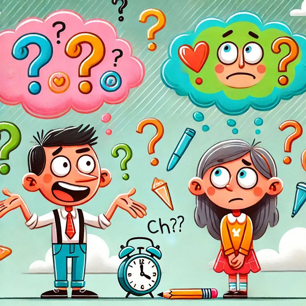 L'illustrazione mostra due personaggi cartoon in stile fumettistico su sfondo verde chiaro. A sinistra, un uomo in camicia bianca e cravatta rossa gesticola con espressione sicura e dominante. A destra, una ragazza con capelli lunghi grigi in abito arancione appare timida e incerta. Sopra di loro fluttuano due nuvolette di pensiero: una rosa piena di punti interrogativi, l'altra verde-azzurra con un'emoticon triste e un cuore. Tra i personaggi sono sparsi elementi come una sveglia, una matita e altri punti interrogativi di vari colori che galleggiano nell'aria.