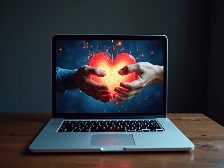 Un laptop aperto con sullo schermo l'immagine simbolica di due mani umane che insieme sorreggono delicatamente un cuore, rappresentando supporto emotivo, cura e vicinanza attraverso la tecnologia digital