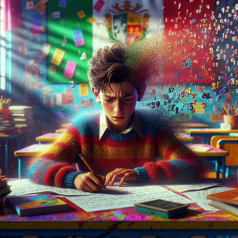 Bambino italiano di 10 anni con capelli castani corti, seduto a un banco colorato in una classe luminosa, frustrato mentre guarda un foglio di matematica con numeri fluttuanti intorno a lui. Indossa un maglione a righe rosse e blu. La classe è decorata con poster vivaci, libri e una bandiera italiana.