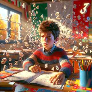 Un ragazzo italiano di 10 anni con capelli castani corti, seduto a una scrivania colorata in una classe luminosa. Guarda frustrato un foglio di matematica con numeri fluttuanti e caotici intorno a lui. Indossa un maglione a righe rosse e blu. La classe è decorata con poster vivaci, libri e una bandiera italiana, illuminata da luce naturale calda.