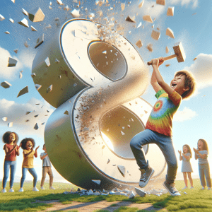 Un bambino di circa 8 anni, felice e determinato, distrugge un numero gigante luminoso che si frantuma in mille pezzi in un prato soleggiato, con altri bambini che applaudono sullo sfondo.