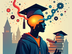 Giovane studente universitario stilizzato con libri fluttuanti e ologrammi digitali, circondato da simboli di conoscenza come circuiti cerebrali e una lampadina accesa, su sfondo urbano colorato in stile flat design