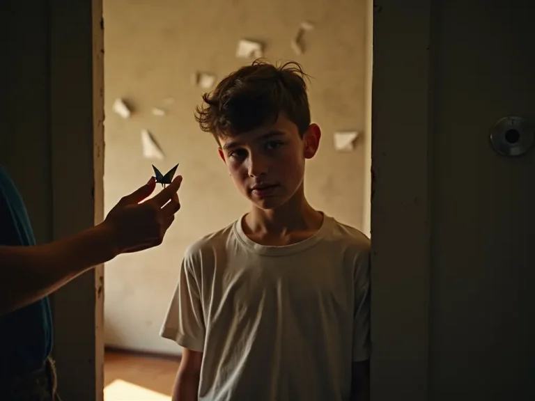 Un adolescente di 17 anni con lievi tracce di lacrime sul viso si trova sulla soglia di una porta, metà in ombra e metà illuminato da luce dorata. Alle sue spalle una stanza di cemento con catene di carta strappate. La sua postura mostra un sottile cambiamento, con spalle leggermente più dritte. Una mano di terapista gli offre un uccellino origami che il ragazzo sta iniziando ad accettare. La profondità di campo enfatizza i suoi occhi, che riflettono una nuova consapevolezza. Immagine in stile fotogiornalistico.