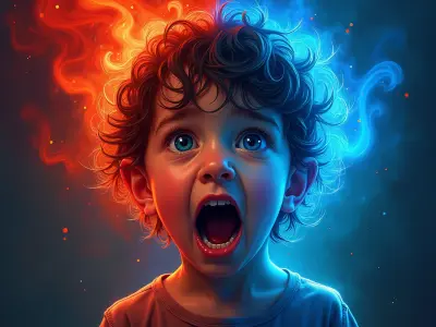 Ritratto artistico di un volto diviso a metà: la parte sinistra esprime rabbia intensa con toni rossi accesi, mentre la destra mostra calma determinazione illuminata da luce blu, simboleggiando la trasformazione delle emozioni negative in energia creativa.