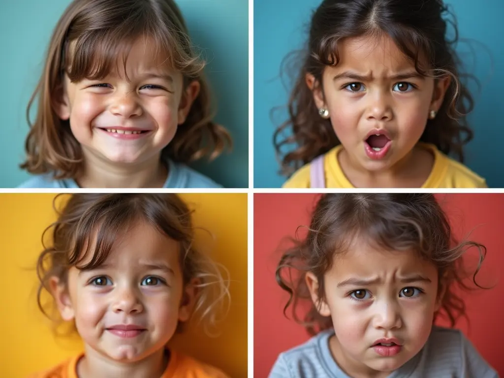 Immagine divisa in quattro quadranti con bordi colorati, ciascuno contenente un bambino che esprime un'emozione primaria diversa: un bambino sorridente (gioia), uno in lacrime (tristezza), uno con espressione accigliata (rabbia) e uno con sguardo impaurito (paura). L'immagine è fotorealistica con naturali sfumature ed espressioni autentiche.