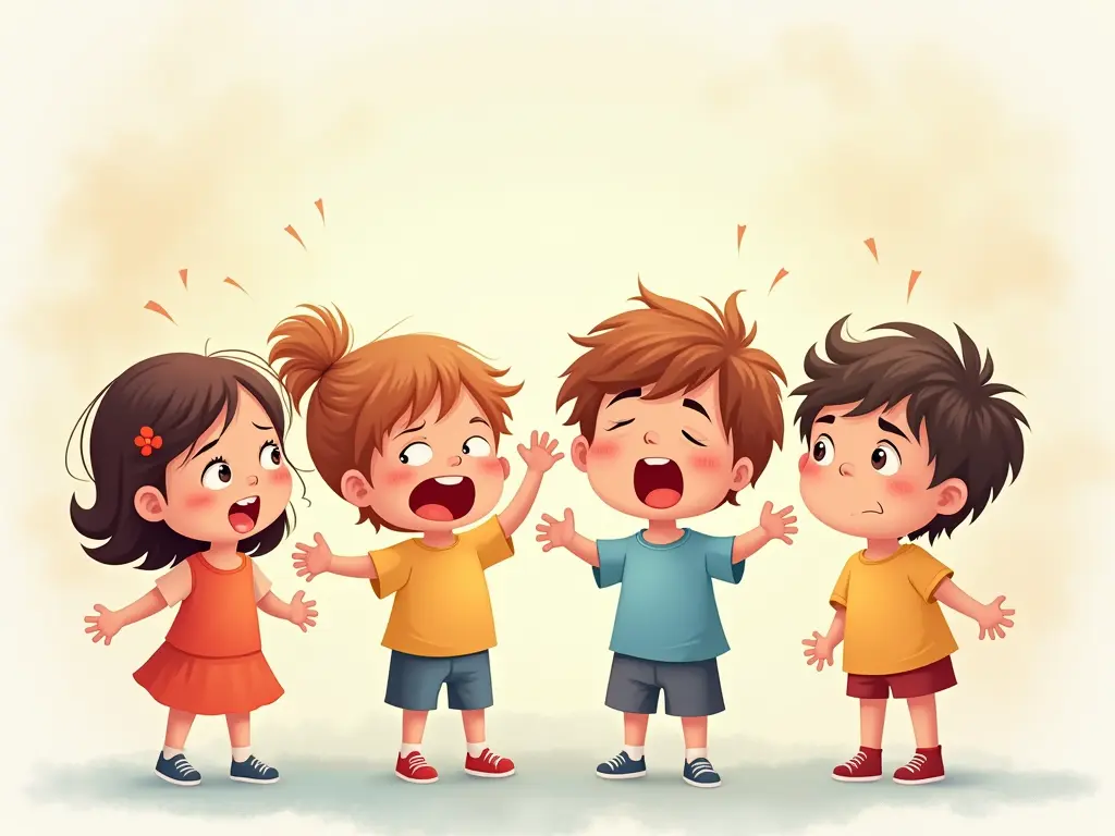 Illustrazione colorata di bambini che esprimono quattro emozioni fondamentali: un bambino sorridente circondato da elementi solari per la gioia, uno con espressione triste accompagnato da nuvole per la tristezza, uno con volto corrucciato e toni rossi per la rabbia, e uno impaurito con elementi blu scuro per la paura. Stile artistico morbido con illuminazione delicata