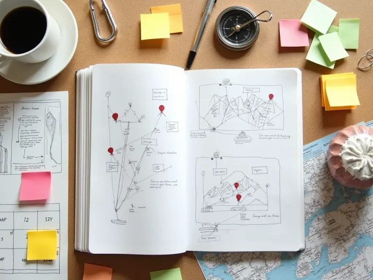 Vista dall'alto di una postazione di pianificazione strategica con taccuino aperto contenente diagrammi, mappa con indicatori di percorso, blueprint tecnico, calendario con date evidenziate, bussola e note adesive organizzate metodicamente su bacheca di sughero, il tutto illuminato da luce chiara da studio.