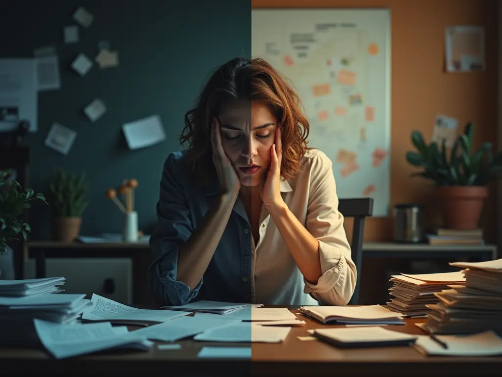 Immagine divisa in due parti contrastanti: a sinistra è rappresentato lo stress attraverso toni scuri, linee spezzate e un soggetto visibilmente affaticato con espressione tesa; a destra è illustrata la resilienza con colori vivaci, un soggetto dalla postura eretta e sicura, circondato da elementi simbolici come un albero che si piega ma non si spezza sotto il vento, rappresentando la capacità di adattarsi e superare le difficoltà.