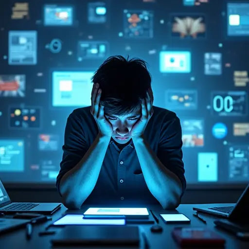 Adolescente stressato circondato da molteplici schermi luminosi di smartphone, tablet, laptop, console di gioco e smartwatch. Notifiche, icone social e titoli di notizie fluttuano nello spazio circostante, creando un effetto di sovraccarico informativo. La luce blu degli schermi si riflette sul volto visibilmente sopraffatto del ragazzo. Depressione