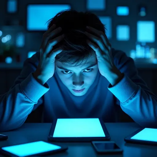 Un adolescente confuso e ansioso circondato da molteplici dispositivi elettronici luminosi - smartphone, tablet e laptop - che emettono luce blu sul suo volto sopraffatto. Il ragazzo si stringe la testa tra le mani con un'espressione di angoscia e disorientamento in uno stile fotorealistico