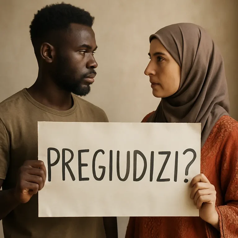 Fotografia realistica di due persone di diverse nazionalità che si trovano l'una di fronte all'altra. Stanno tenendo insieme uno striscione con la parola "PREGIUDIZI?" scritta a mano in grandi lettere. L'immagine è illuminata da luce naturale e mostra chiaramente elementi culturali diversi nell'abbigliamento e nell'aspetto dei soggetti. Entrambi hanno espressioni pensierose e riflessive, suggerendo un dialogo interculturale sul tema del pregiudizio.